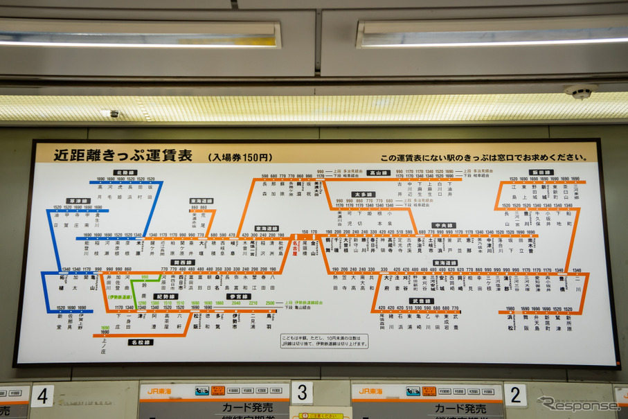 JR名古屋駅の運賃表。