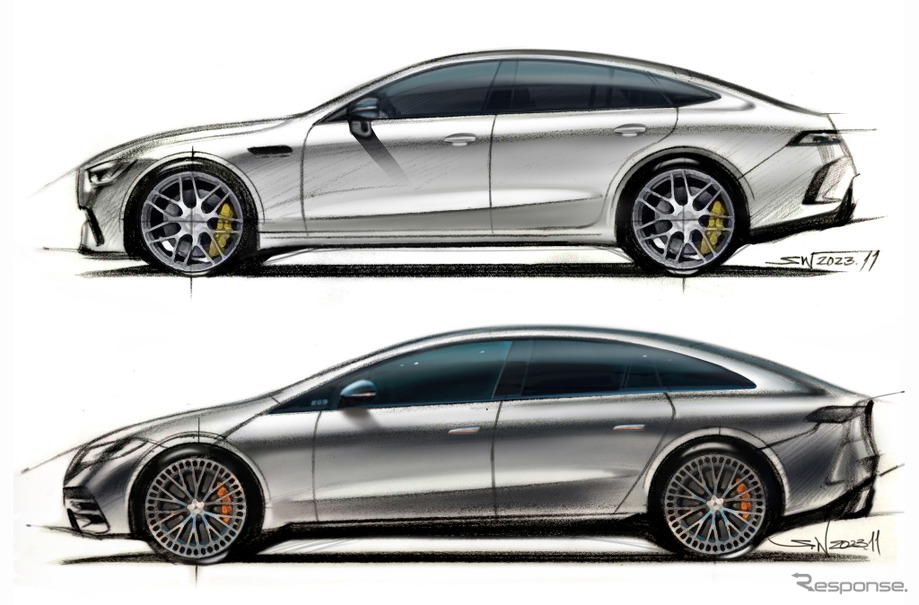 和田智氏の直筆によるメルセデスAMG GT 4ドア（上）とメルセデスベンツ EQS（下）のスケッチ
