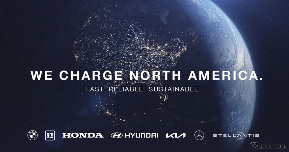 ホンダ、BMWグループ、GM、ヒョンデ、キア、メルセデスベンツグループ、ステランティスの7社が北米で構築するEV向け高出力充電網のイメージ