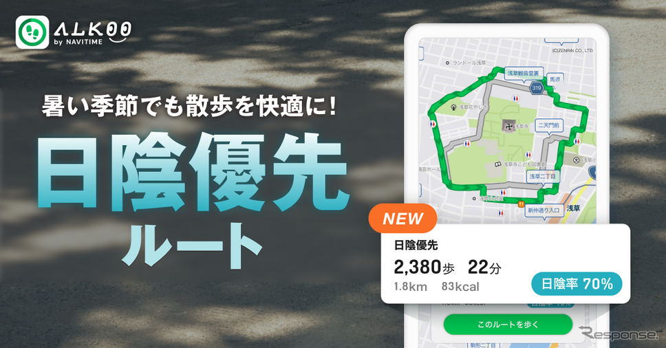 ウォーキングアプリ・ALKOO by NAVITIMEが散歩ルート機能に「日陰優先ルート」を追加