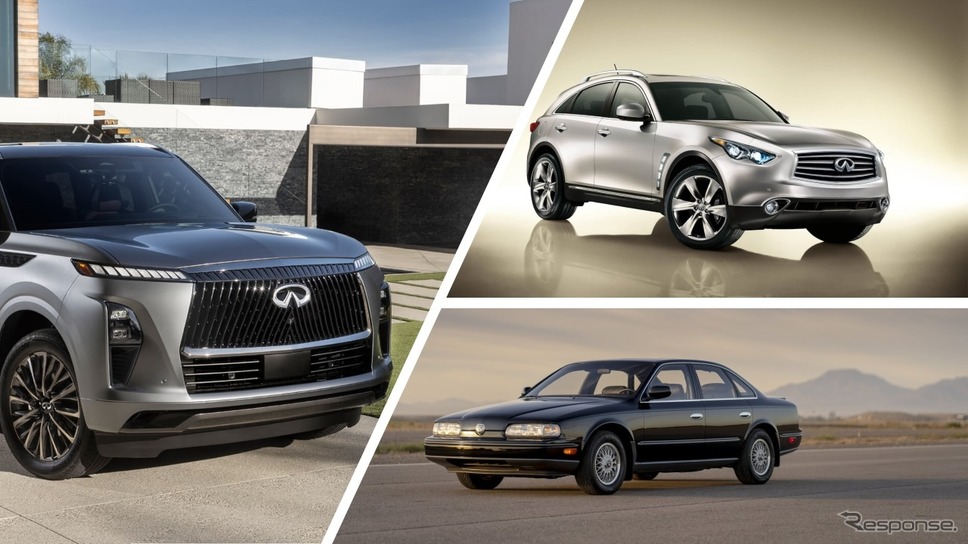 左から時計回りにインフィニティQX80新型、FX50、Q45