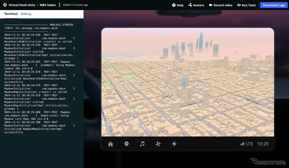 カスタムナビゲーションスタイルをロード中のMapbox仮想ヘッドユニット (Mapbox VHU)