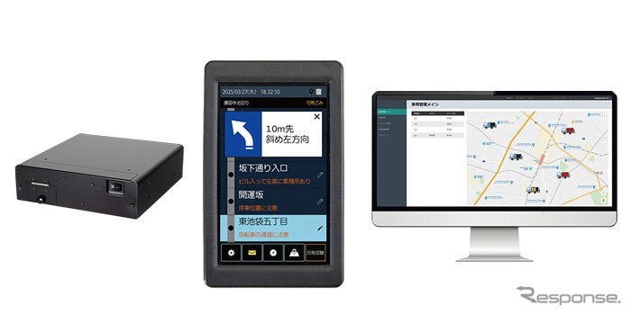 「廃棄物収集業務効率化システム」（左から車載通信機器、経路ナビゲーション、車両積載状態を含めた車両位置（遠隔）確認画面）