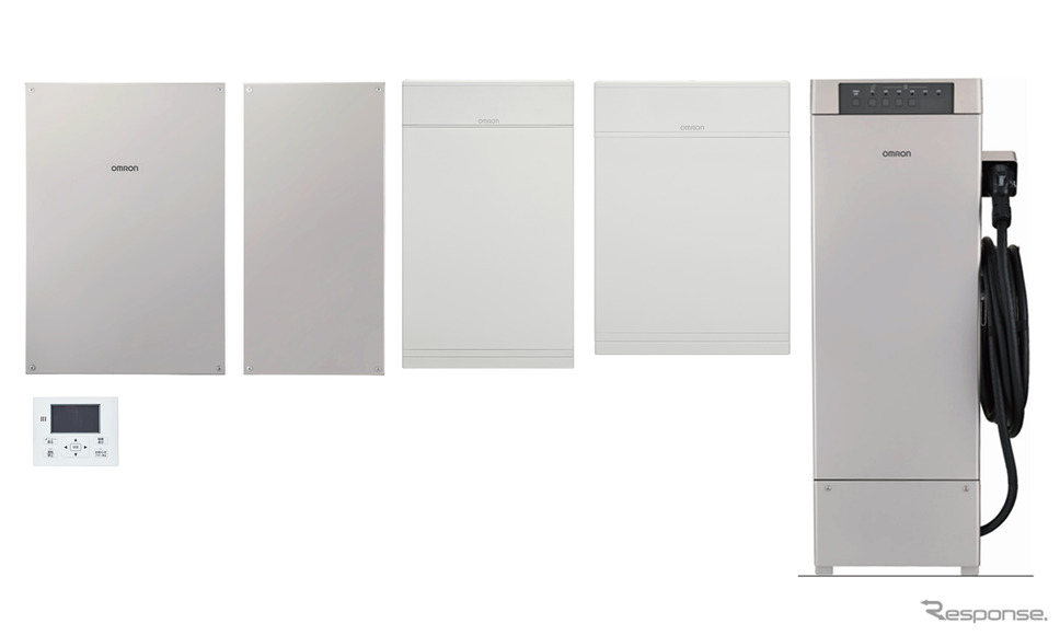 左より、トリプル蓄電パワーコンディショナ、蓄電池用コンバータ、蓄電池ユニット6.5kWh/9.7kWh、V2Hスタンド
