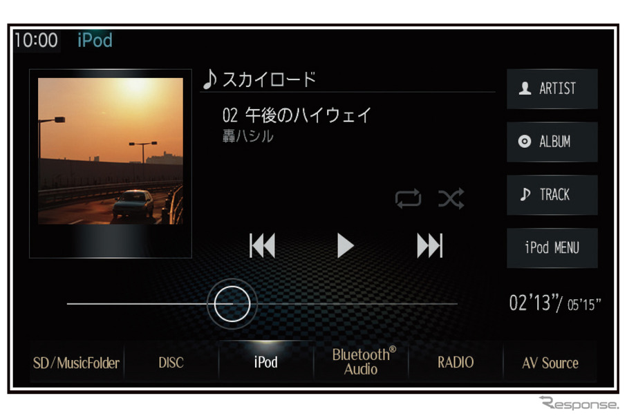 『iPod』を再生時の車載機器の表示例（三菱電機・ダイヤトーンサウンドナビ）。