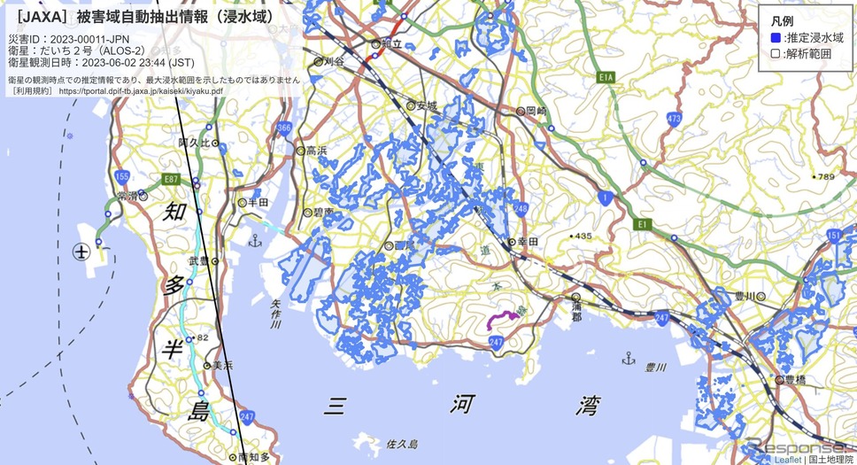 JAXAが「だいち2号」で観測したデータを自動解析した浸水被害推定域