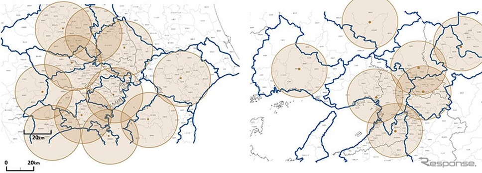 配送センター拠点一覧（左：首都圏一都三県　11か所　右：関西京阪神地区　7か所）