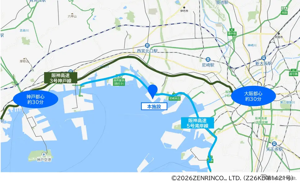西宮市鳴尾浜は大阪都心および神戸都心の両方面へ車で約30分でアクセス可能な好立地