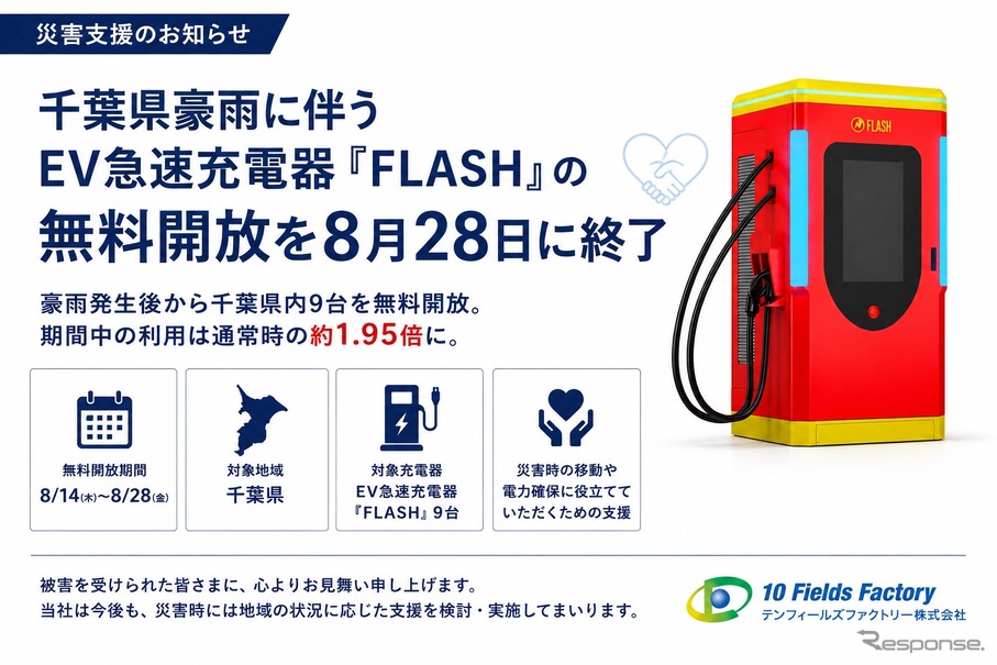 EV急速充電器「FLASH」の千葉豪雨被災地支援の無料開放を8月28日終了