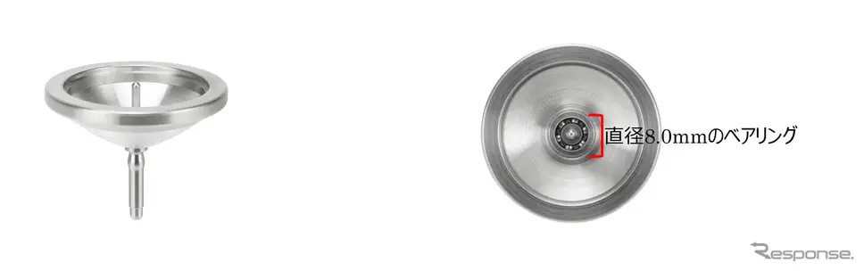 左：本製品、　右：本製品に搭載されたISC製の精密ベアリング（外径8.0mm）