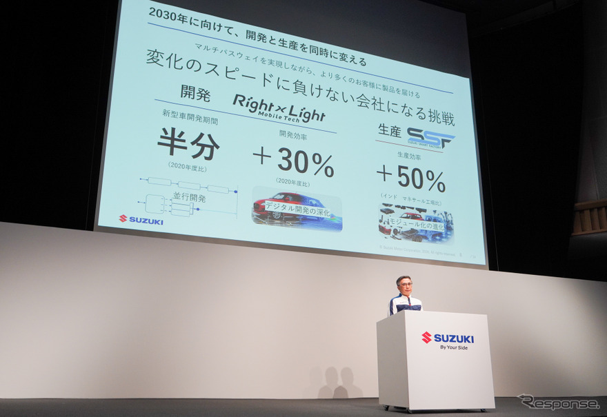 スズキは、2030年に向けて新車開発期間の半減、開発効率30%向上を掲げる